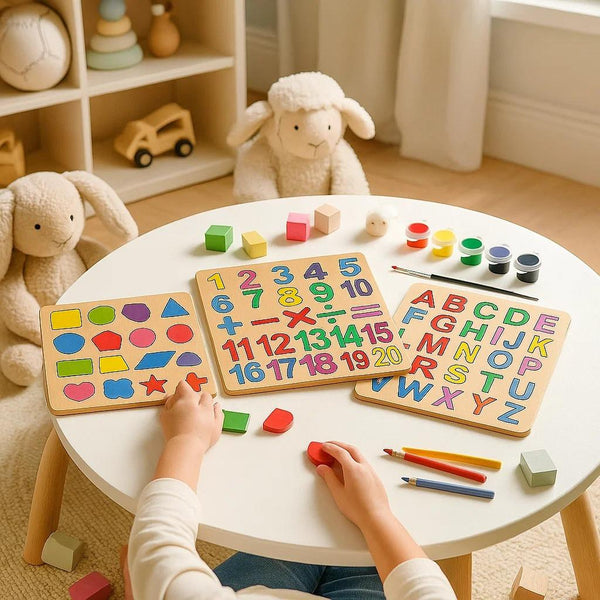 Wooden Alphabet, Numbers & Shapes Learning Boards (Set of 3) – educational toy for kids at KIDGROWS