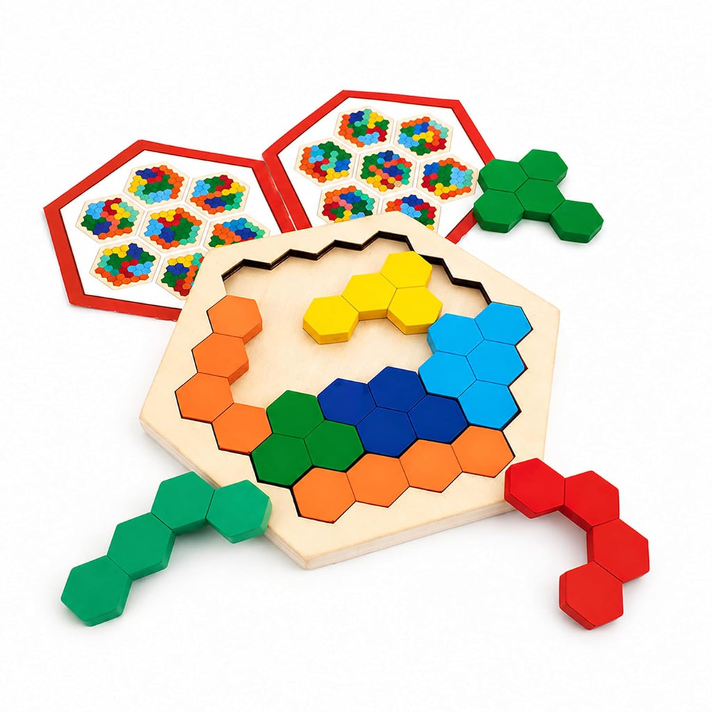 Wooden Hexagon Tangram Brain Teaser – kids puzzle & board game at KIDGROWS