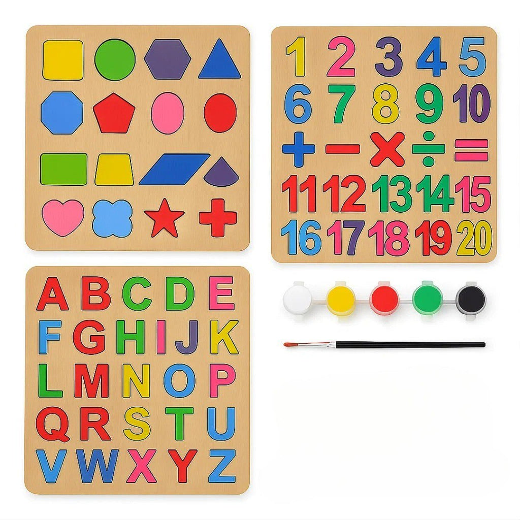 Wooden Alphabet, Numbers & Shapes Learning Boards (Set of 3) – educational toy for kids (view 2)