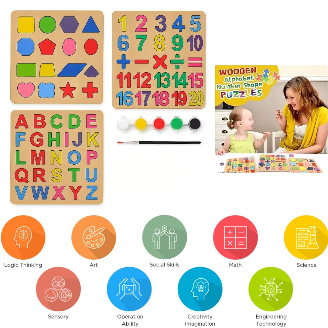 Wooden Alphabet, Numbers & Shapes Learning Boards (Set of 3) – educational toy for kids (view 3)